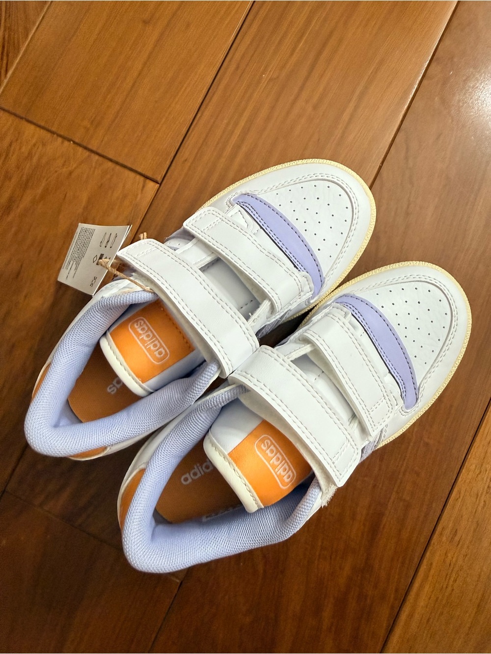 adidas Kids White Sneakers with Lavender Trim and Orange Insoles